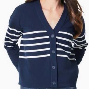 SPANX Air Essential Striped Navy/White Cardigan Top - LARGE - EUC